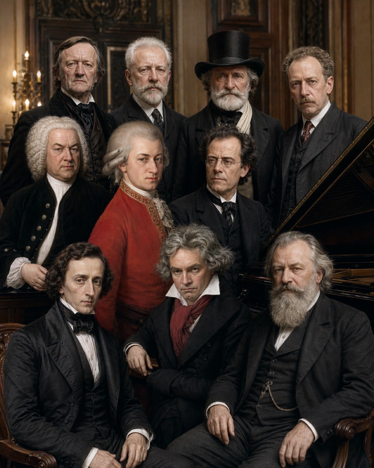 Composers assembled — Bach, Mozart, Beethoven, Chopin, Mendelssohn, Verdi, Wagner, Mahler, Brahms, Schubert